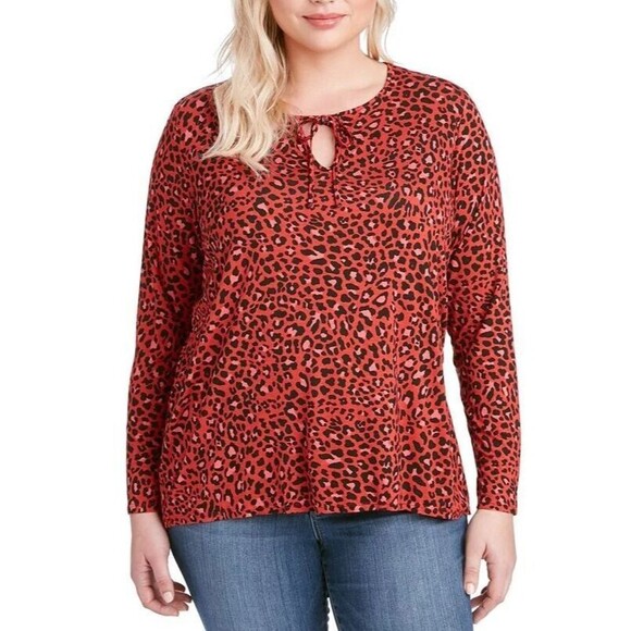 Jessica Simpson 1X Red Black Cheetah Print Hi Low Hem Stretch Tunic Top - Picture 2 of 6